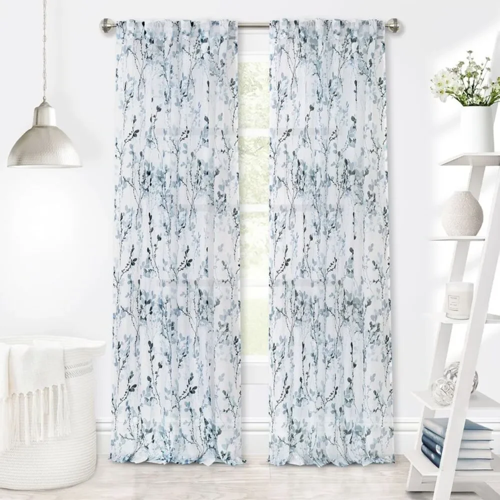 Achim Home Furnishing Misty Teal Floral Petal Vines Window Curtain Panels : 52
